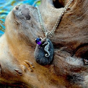 Artisan Riverstone Necklace with Sterling Seahorse & Amethyst Charm